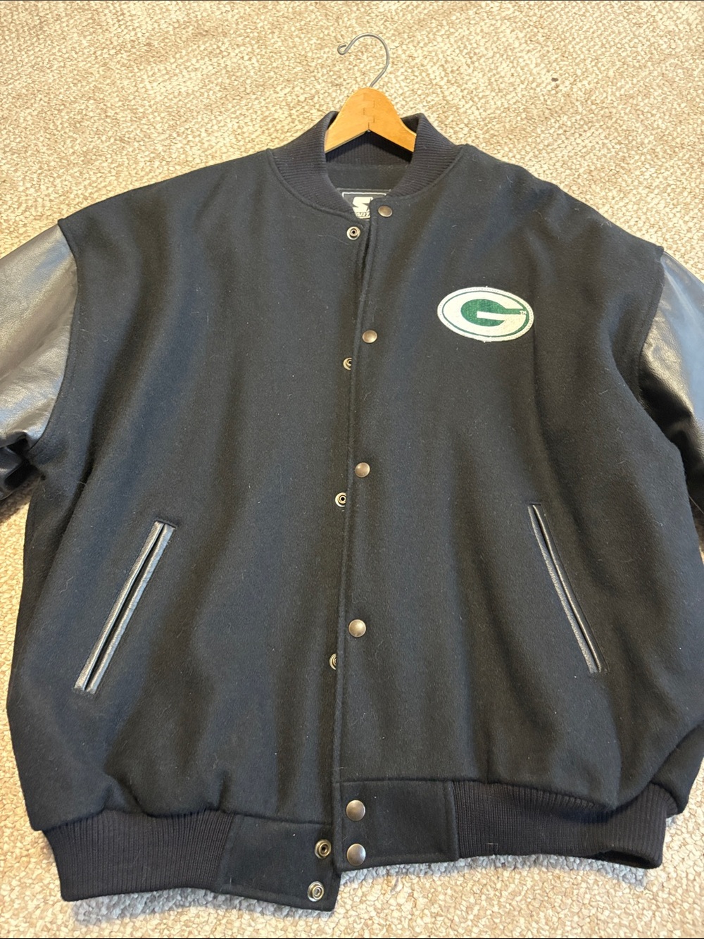 STARTER Black Wool and Leather Varsity Jacket with Green Patch